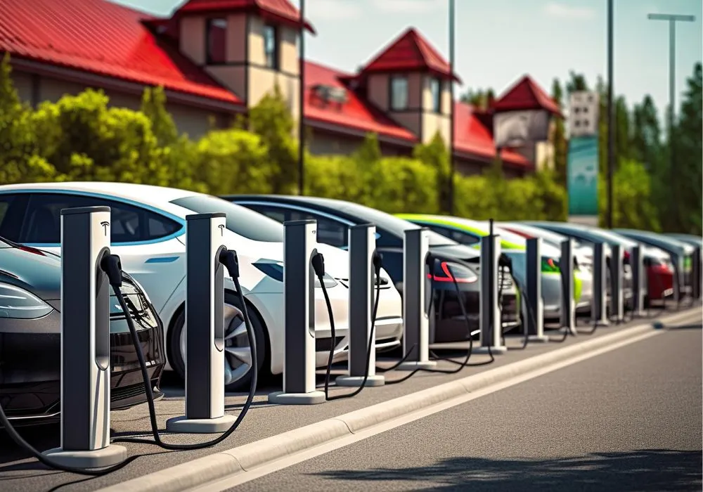 Electric Vehicles: Electric car on a clean energy road