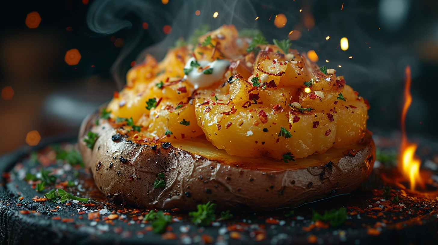 A plate featuring a sliced potato jacket filled with creamy mashed potatoes and garnished with parsley.