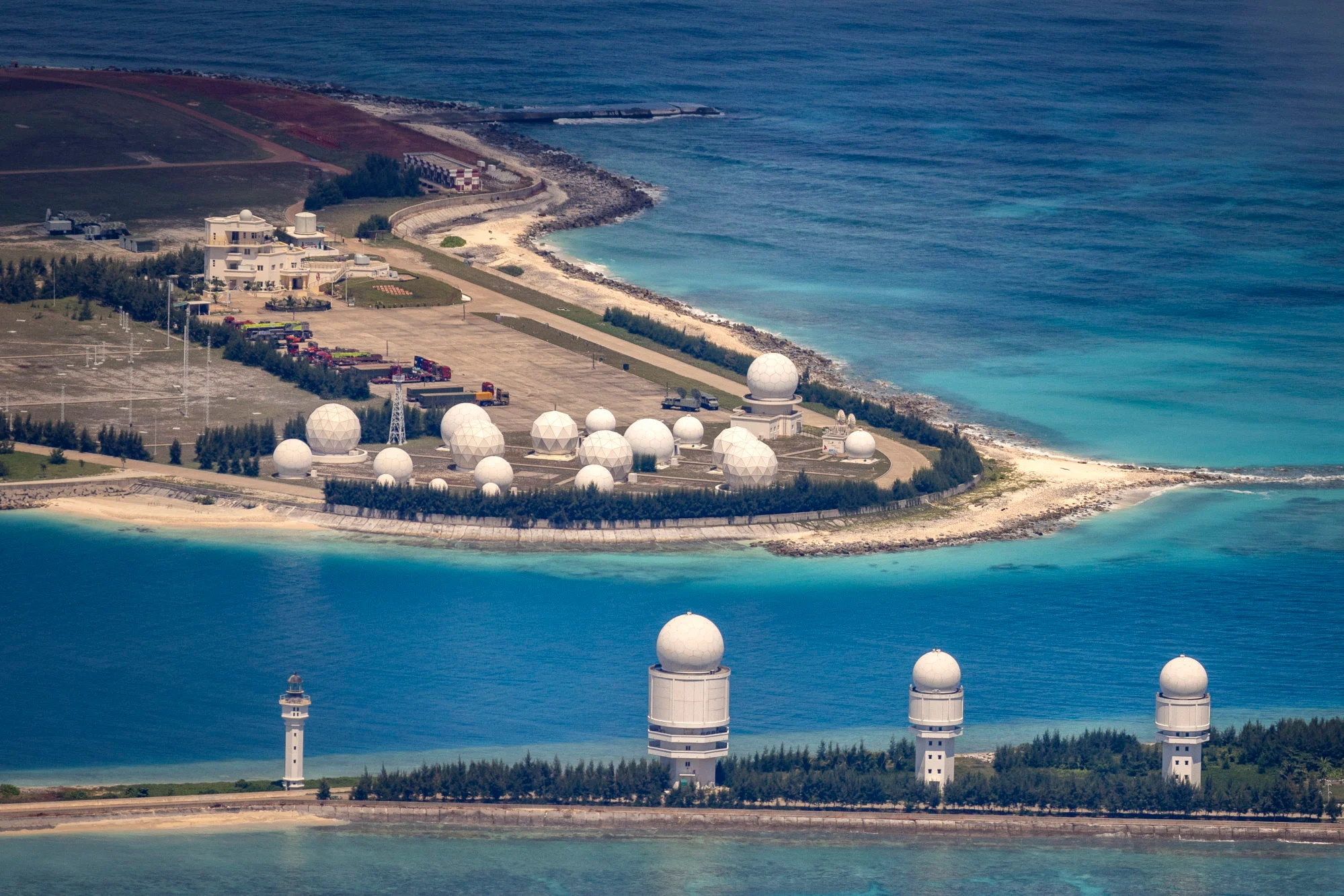 Military infrastructure on the Fiery Cross Reef, an artificial island built by China.