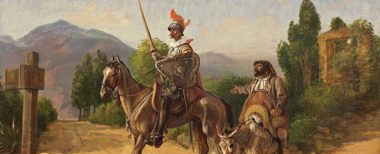 Sancho Panza riding a donkey beside Don Quixote.