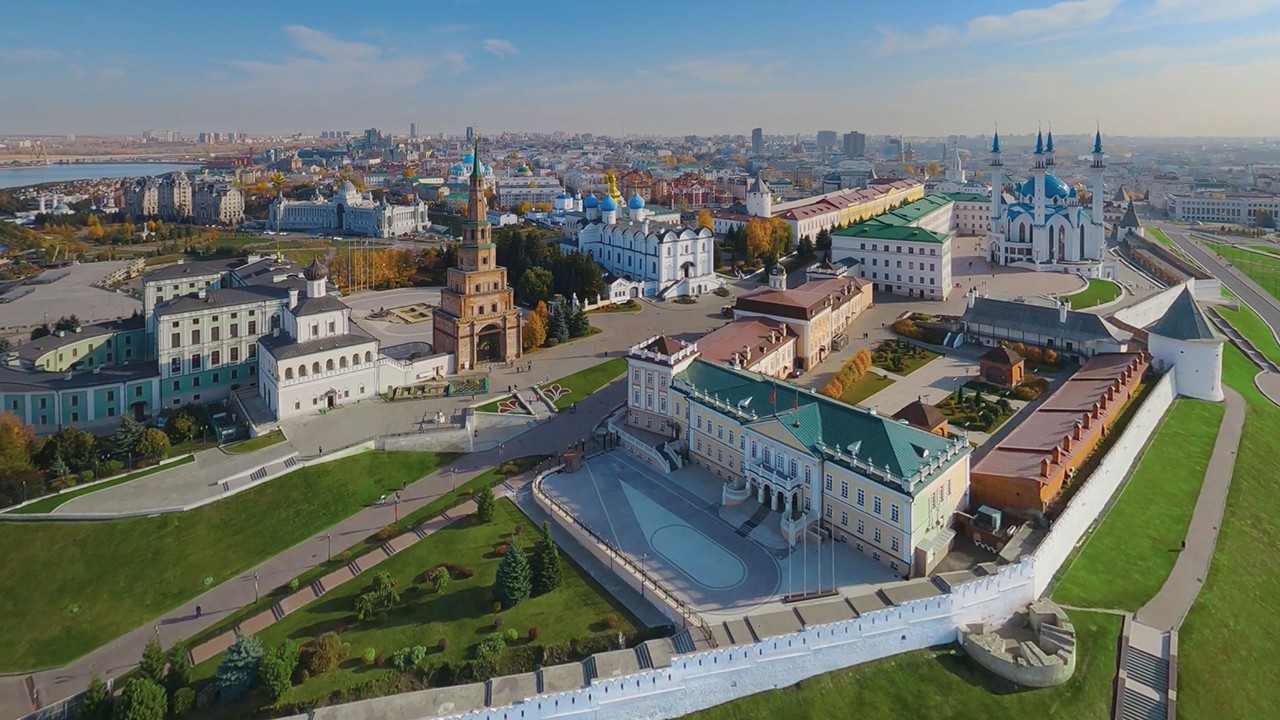 A panoramic view of Kazan with the Volga River in the background 